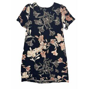 Nicole Miller Linen Blend Black Floral V-Neck Short Sleeve Dress, Sz M, Pre-own